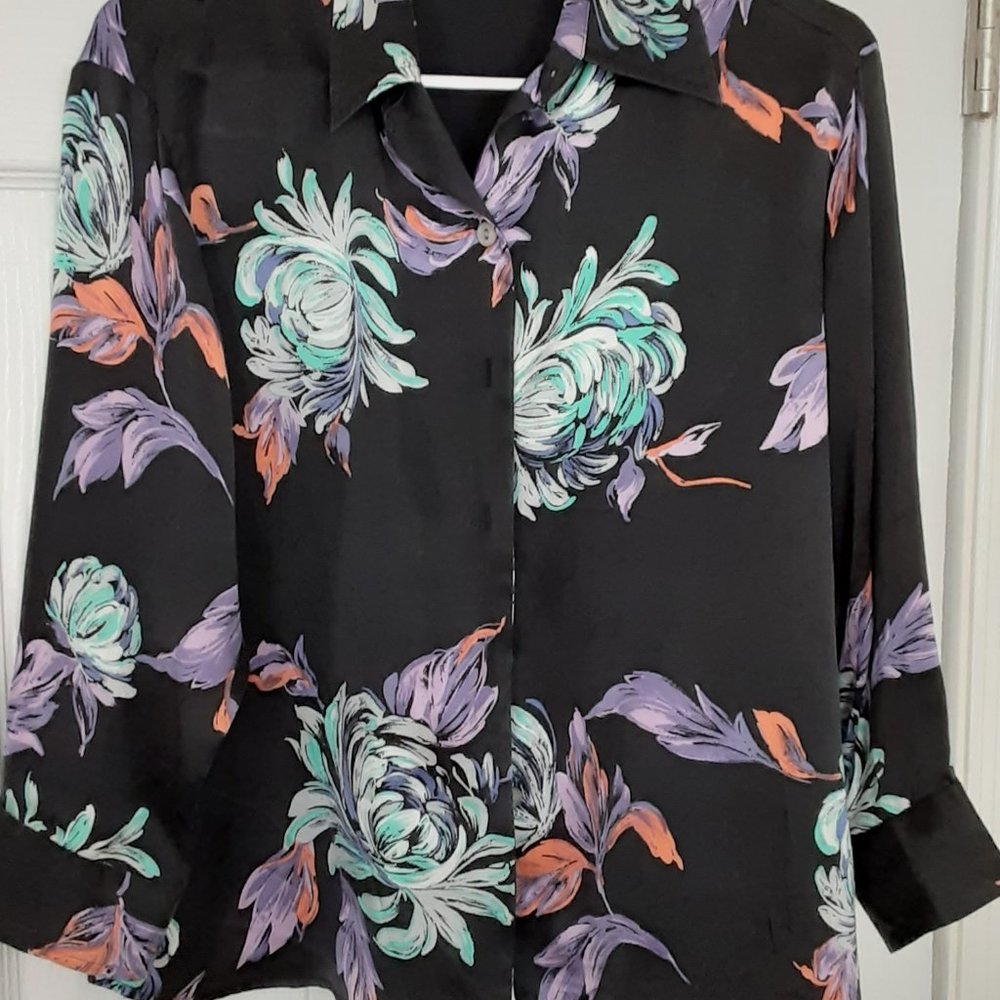 Black floral silk blouse